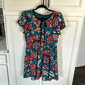 Express knee-length dress - vibrant teal and pink - velvet tie and black buttons